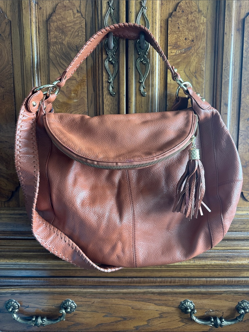 Onna Ehrlich Cognac Leather Hobo with Tassel